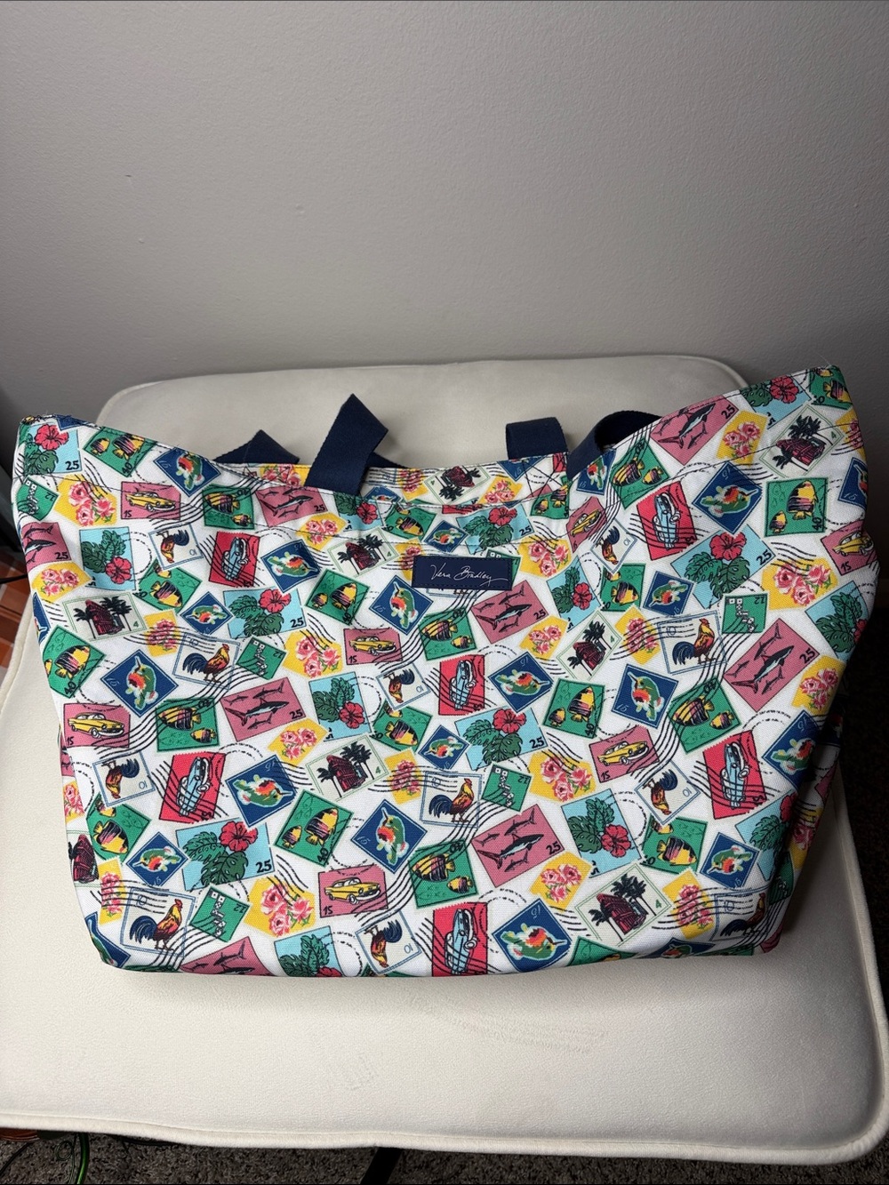 VERA BRADLEY LIGHTEN UP FAMILY TOTE RETIRED CUBAN STAMPS PRINT MESH DRAWSTRING
